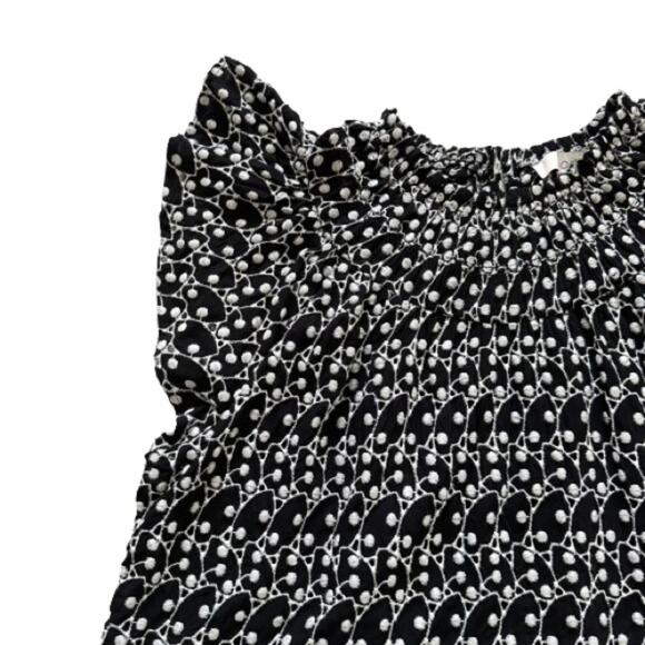 Loft Dress Black White Eyelet Embroidered Smocked Yoke Ruffle Sleeve Size LP NEW - Picture 13 of 14